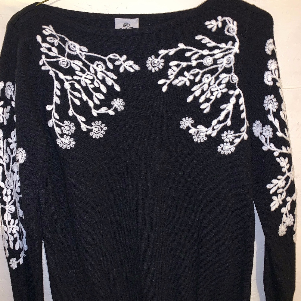 Black Sweater with White Floral Detail